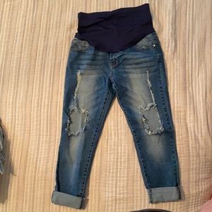 PinkBlush Dark Blue Ripped Cuffed Maternity Jeans